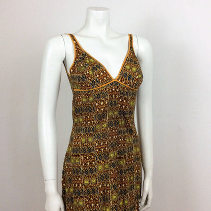 60S 70s VTG BROWN ORANGE BATIK PRINT FESTIVAL TRIBAL BOHO MAXI DRESS 10 12