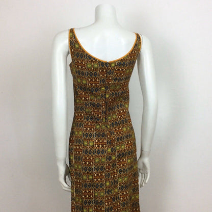 60S 70s VTG BROWN ORANGE BATIK PRINT FESTIVAL TRIBAL BOHO MAXI DRESS 10 12