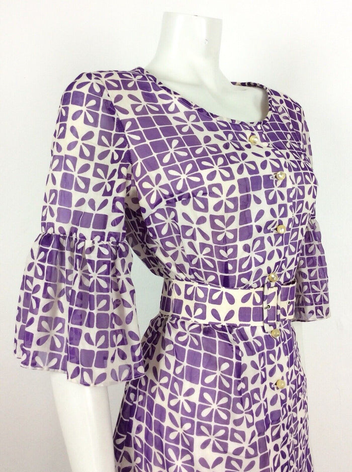 60S 70S VTG WHITE PURPLE GEOMETRIC FLOWER BELL SLEEVE BELT DRESS 12 14
