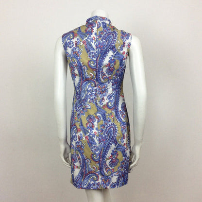 60S VINTAGE PURPLE CREAM MUSTARD PINK PAISLEY PATTERN MINI DRESS 8 10