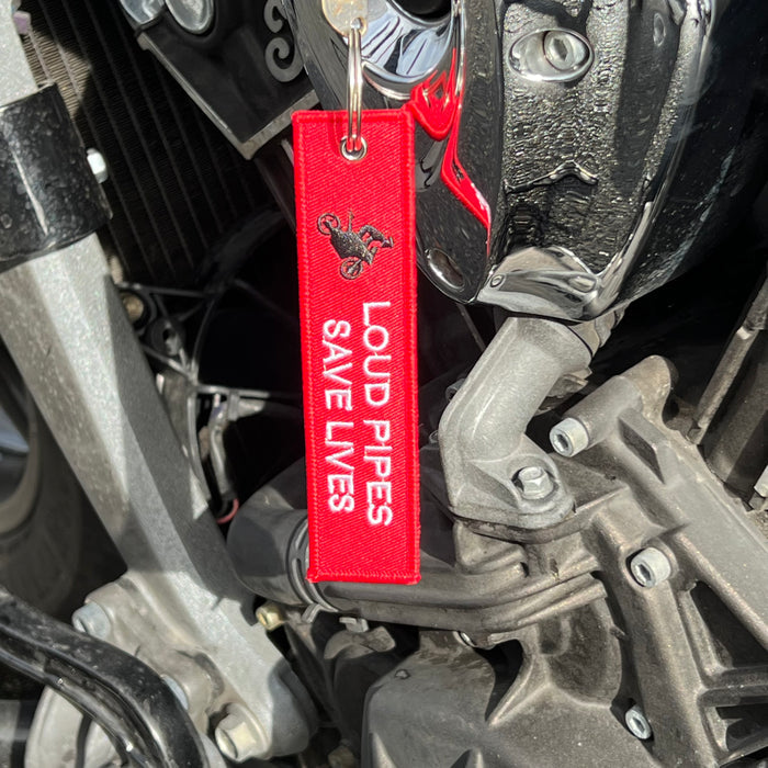 Motorcycle Key Chain - Loud Pipes Save Lives Red Wheelie: Dimensions: 4