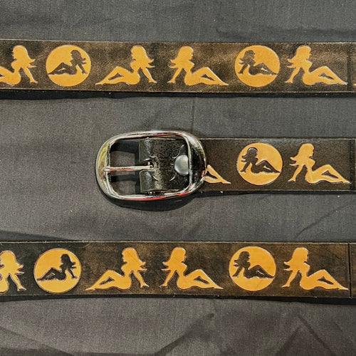 Belt Mud Flap Girl: Complete your outfit with this rustic leather snap belt with tarnished brass buckle or stainless steel