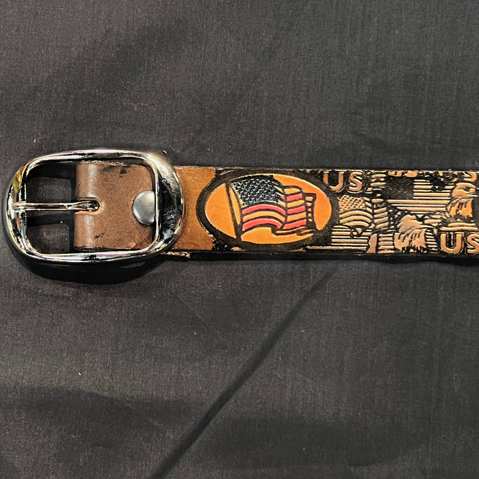 Belt All Over Flag: Complete your outfit with this rustic leather snap belt with tarnished brass buckle or stainless steel
