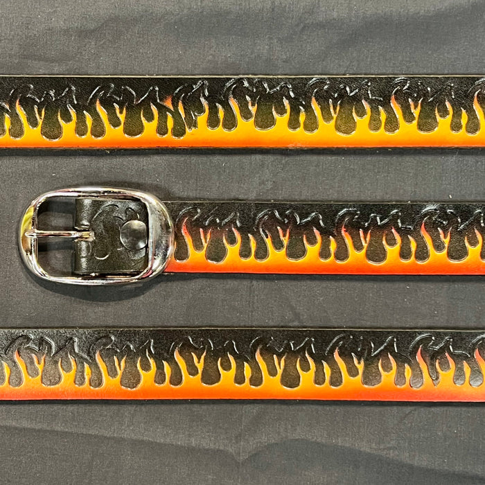 Belt Rising Flame Scene: Complete your outfit with this rustic leather snap belt with tarnished brass buckle or stainless ste