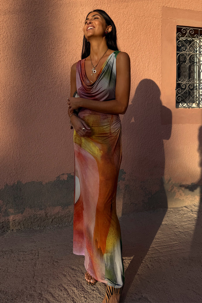 Abstract Malika Midaxi Dress with a multicoloured print and draped neckline in soft stretch jersey for feel good dressing.