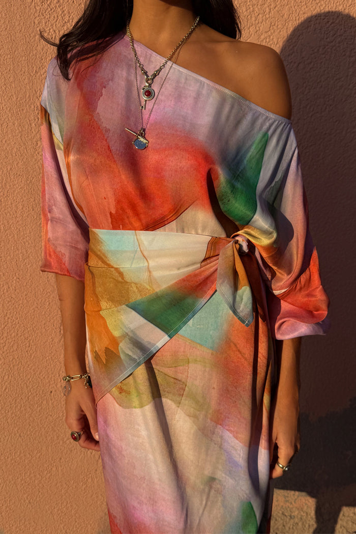 Abstract Scarf in a vibrant soft-touch multi-colour print, styled as a multi-wear sash around the waist.