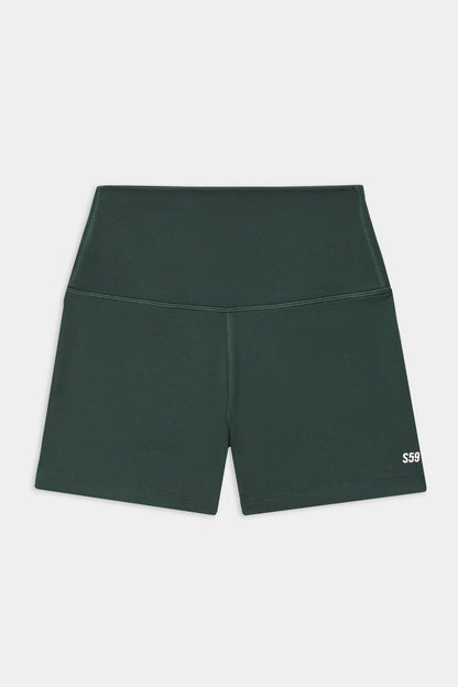 SPLITS59 Airweight High Waist 3.5” Short in Military: dark green spandex activewear shorts with visible stitching and a small white "S59" logo on the front left leg.