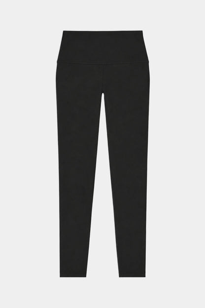 The SPLITS59 Airweight High Waist Legging in Black, made from buttery-soft fabric, is ideal for hot yoga or everyday wear and is shown full-length and laid flat on a white background.