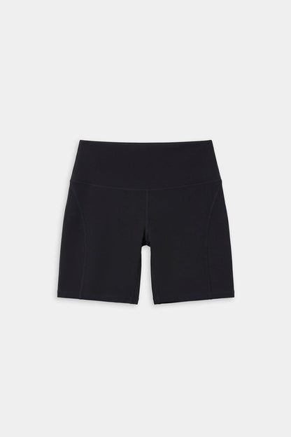 SPLITS59 Airweight High Waist Pocket Short 6” in black features a fitted design and is made from stretchy nylon spandex athletic fabric, shown against a plain white background.