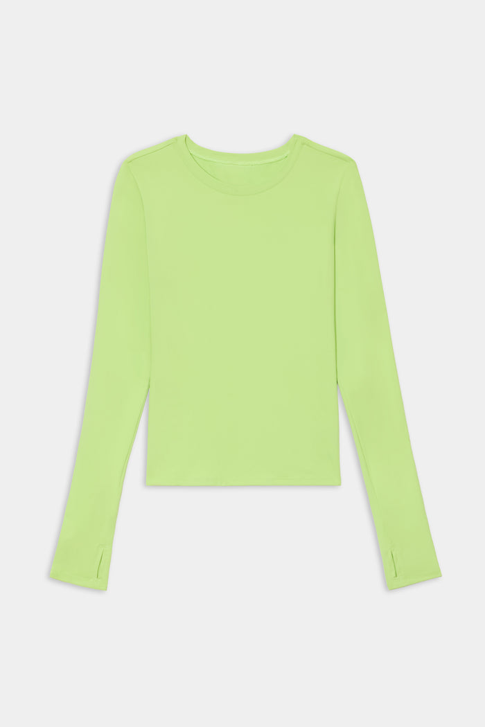 The SPLITS59 Airweight Lite Long Sleeve Waist Length in Limeade is a neon green crop top featuring a crew neckline and thumb holes, crafted from quick-dry fabric for gym workouts, displayed flat on a white background.