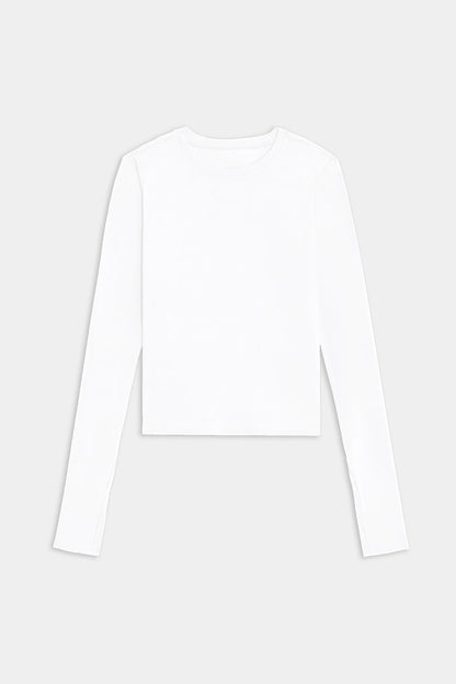 The SPLITS59 Airweight Lite Long Sleeve Waist Length tee in white is a lightweight, crew neck top, laid flat on a white background—ideal for gym workouts and quick-dry comfort.