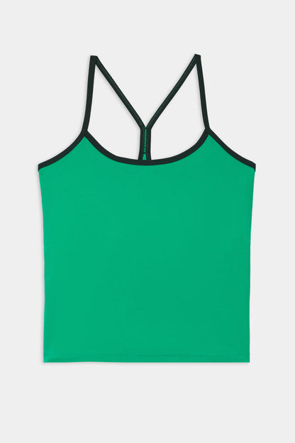 The SPLITS59 Airweight Tank in Spearmint/Military features black spaghetti straps and trim, crafted from stretchy nylon spandex for comfortable activewear, shown on a white background.