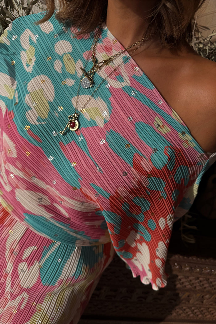 Animal Print Tilly Dress featuring silver metallic flecks on multicoloured plisse fabric with a one-shoulder design.