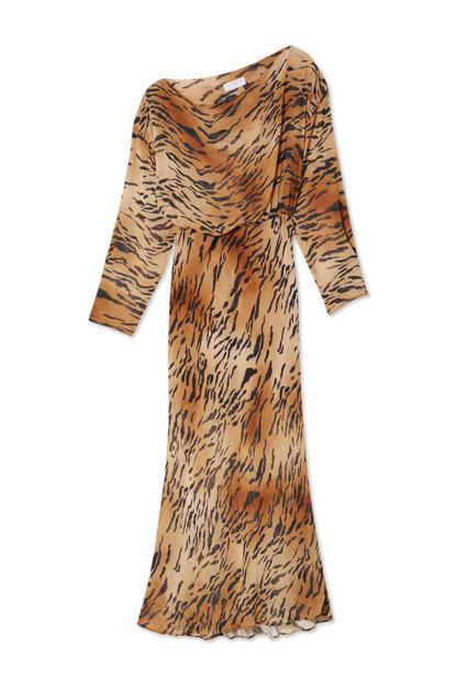 Animal Tilly Dress in a tiger print featuring an off-the-shoulder silhouette and long sleeves.
