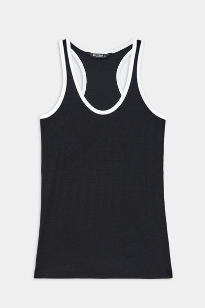 The SPLITS59 Ashby Rib Tank in black with white trim features a racerback design, ideal for yoga or gym workouts, shown flat on a white background.