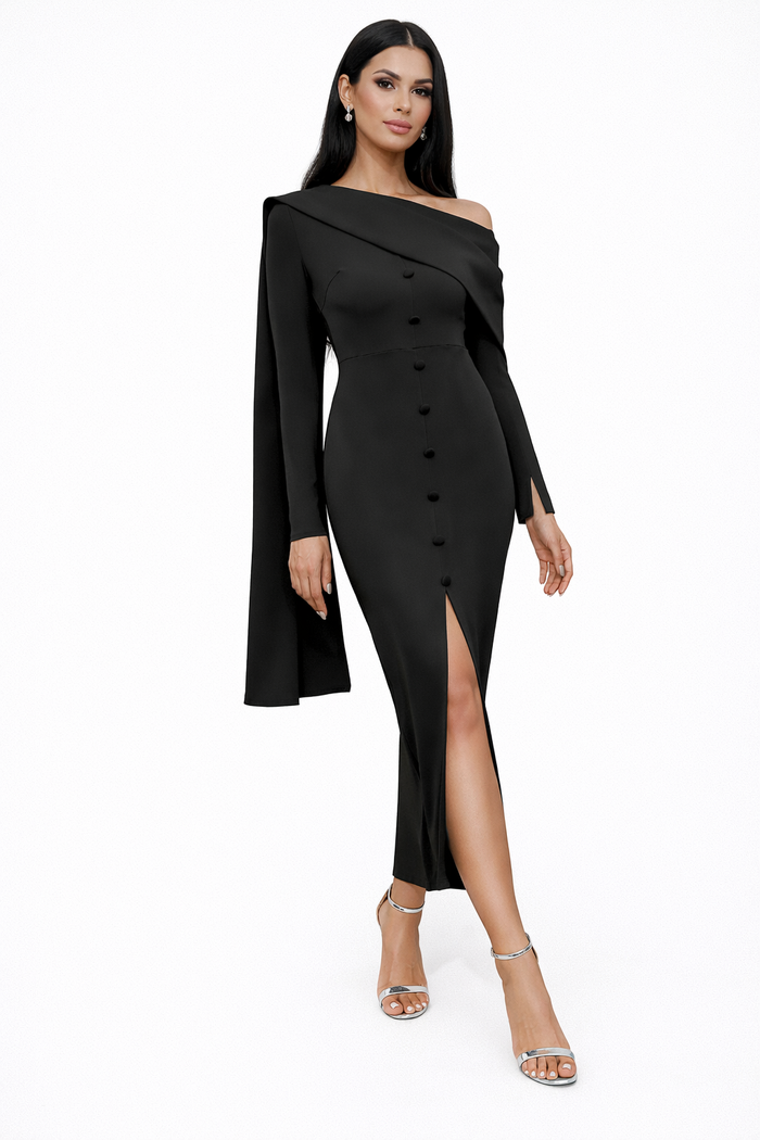 Asymmetric button-front midi dress with long sleeves – SEREN