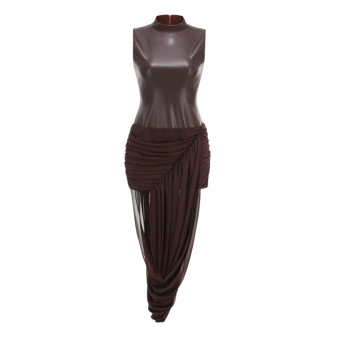 Asymmetric Draped High-Neck Maxi Dress - Eclipse