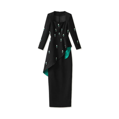 asymmetrical embroidered gown with emerald satin detail – NOIR