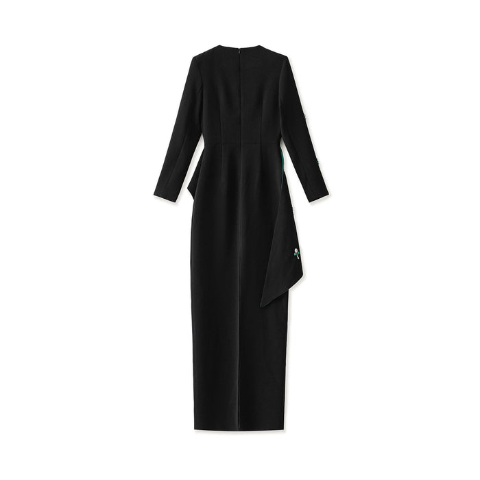 asymmetrical embroidered gown with emerald satin detail – NOIR