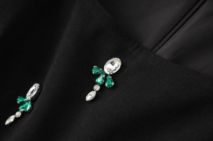 asymmetrical embroidered gown with emerald satin detail – NOIR