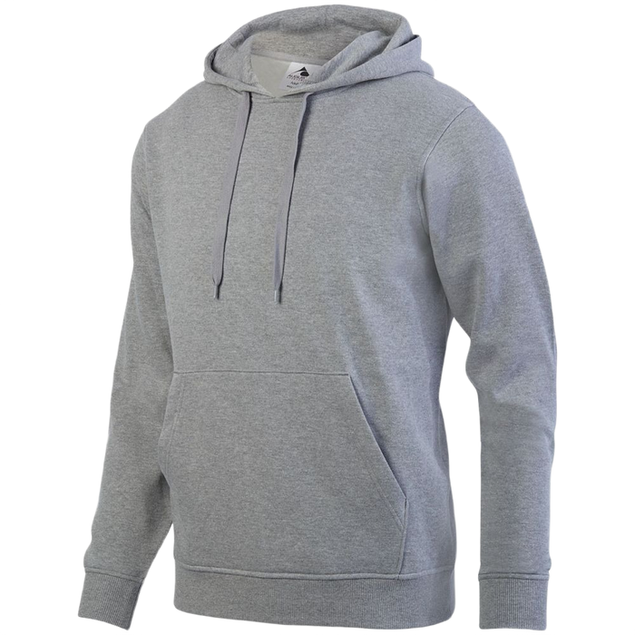 A heather grey hooded sweatshirt with a front kangaroo pocket and adjustable drawstrings.