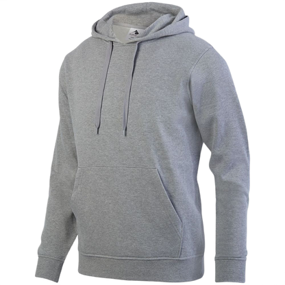 A heather grey hooded sweatshirt with a front kangaroo pocket and adjustable drawstrings.