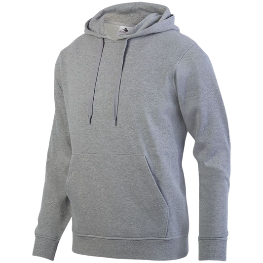 A heather grey hooded sweatshirt with a front kangaroo pocket and adjustable drawstrings.