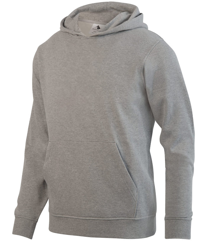 Heather grey hooded sweatshirt with a front kangaroo pocket and ribbed cuffs and hem.