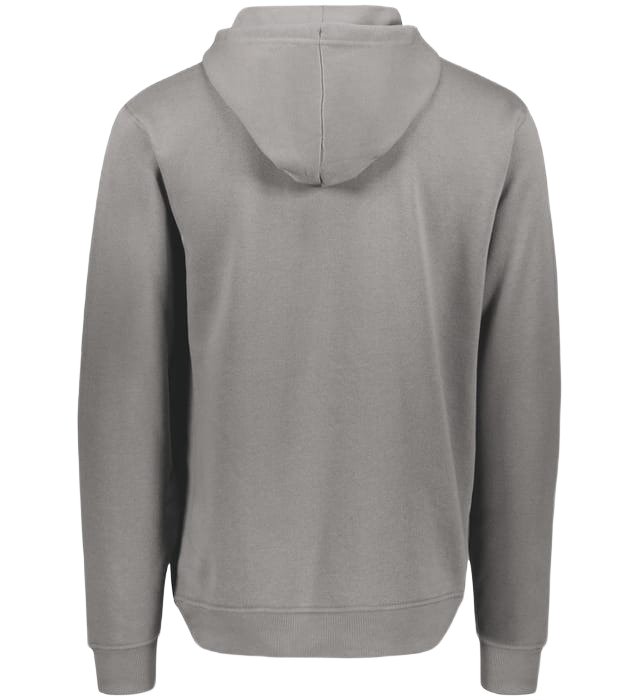 The back view of a solid gray long-sleeved hoodie with a hood and ribbed cuffs and hem.