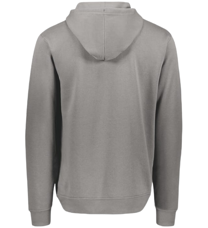 The back view of a solid gray long-sleeved hoodie with a hood and ribbed cuffs and hem.