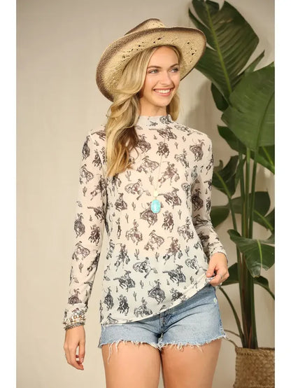 Avery Chelsea Cowboy Print Mock Neck Mesh Top