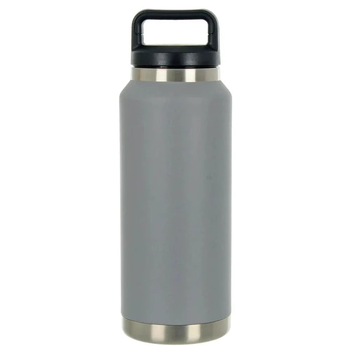Grey stainless steel heavy duty insulated water bottle with black handle lid