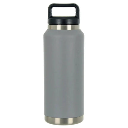 Grey stainless steel heavy duty insulated water bottle with black handle lid