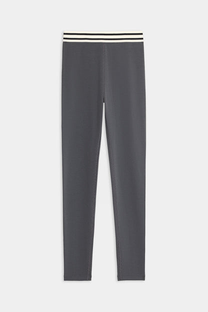 The SPLITS59 Bailey Active Rib High Waist 7/8 leggings feature a slim fit in gray with a white and black striped elastic waistband, shown flat against a white background.