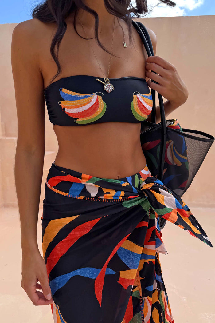 Banana Bandeau Bikini Top in black with colourful embroidered banana motifs and a coordinated multi-wear wrap sarong.