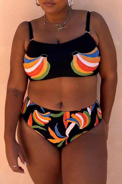 Banana High Waisted Bikini Bottoms with a multi-colour print on a black base, paired with the matching top.