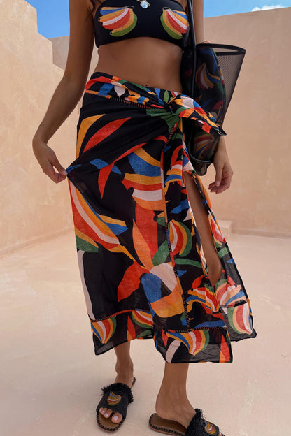 Banana Sarong with a multi-colour print on a black base, blanket stitching and wrap tie for multi-wear styling.