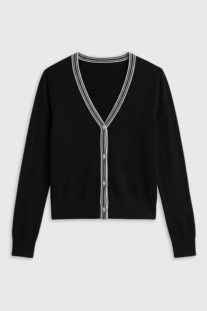 The SPLITS59 Bekah Knit Cardigan - Black/White features long sleeves and white striped trim along the V-neckline, front, and hem for a luxe, effortless style.