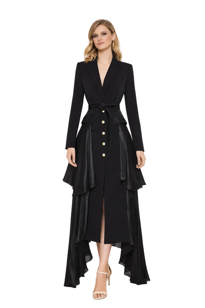 belted asymmetric layered coat dress with gold buttons – NOCTIS