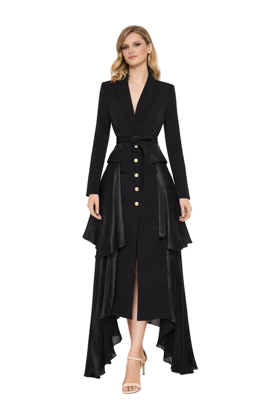 belted asymmetric layered coat dress with gold buttons – NOCTIS