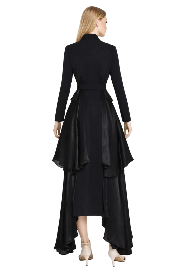 belted asymmetric layered coat dress with gold buttons – NOCTIS