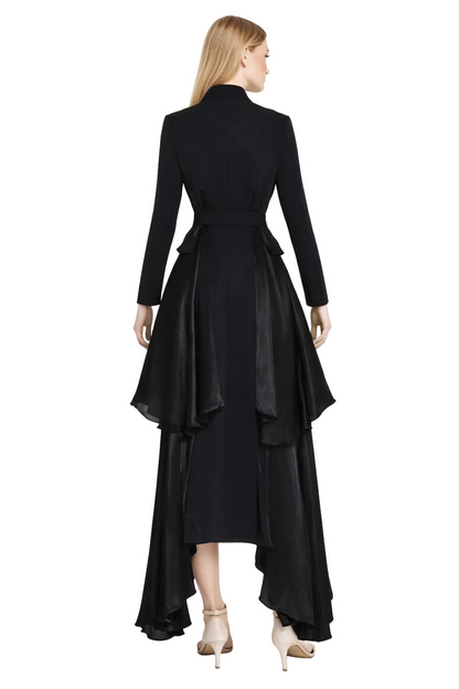 belted asymmetric layered coat dress with gold buttons – NOCTIS