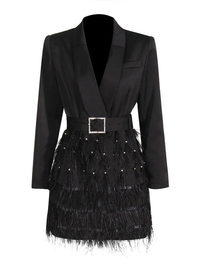 belted blazer dress with feathered skirt – BORAYLA