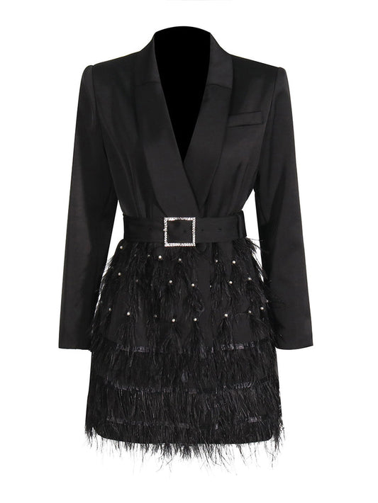 belted blazer dress with feathered skirt – BORAYLA