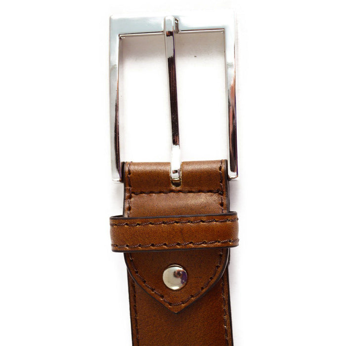 A Berwick 1707 brown calf leather belt with a silver chrome buckle, displayed on a white background.