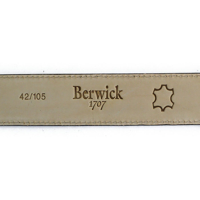 A Berwick 1707 brown calf leather belt with a silver chrome buckle, displayed on a white background.