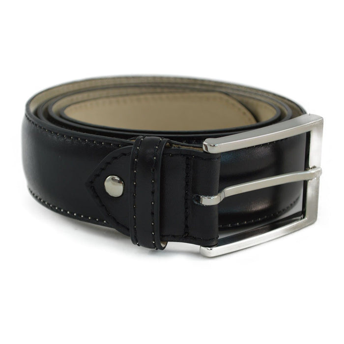 A Berwick 1707 black calf leather belt with a silver chrome buckle, displayed on a white background.