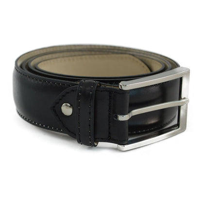 A Berwick 1707 black calf leather belt with a silver chrome buckle, displayed on a white background.