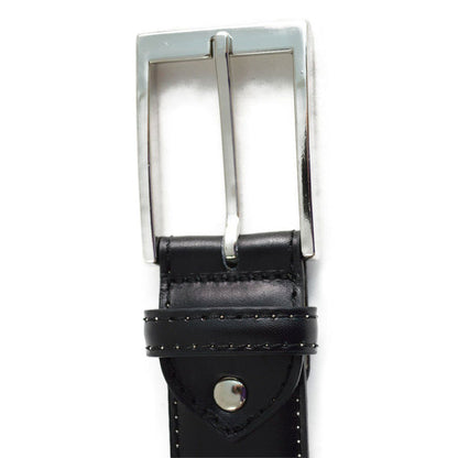 A Berwick 1707 black calf leather belt with a silver chrome buckle, displayed on a white background.