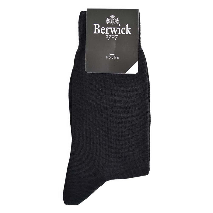 A pair of black Berwick 1707 cotton blend plain socks with the brand tag visible.